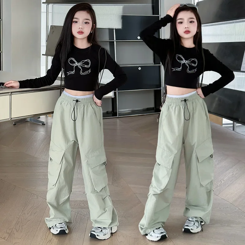 2026 Spring Summer Tracksuit Children Set Kids Girls Clothes crop top T-Shirt + wide leg Cargo Pants Teenager 4 8 10 11 12 year