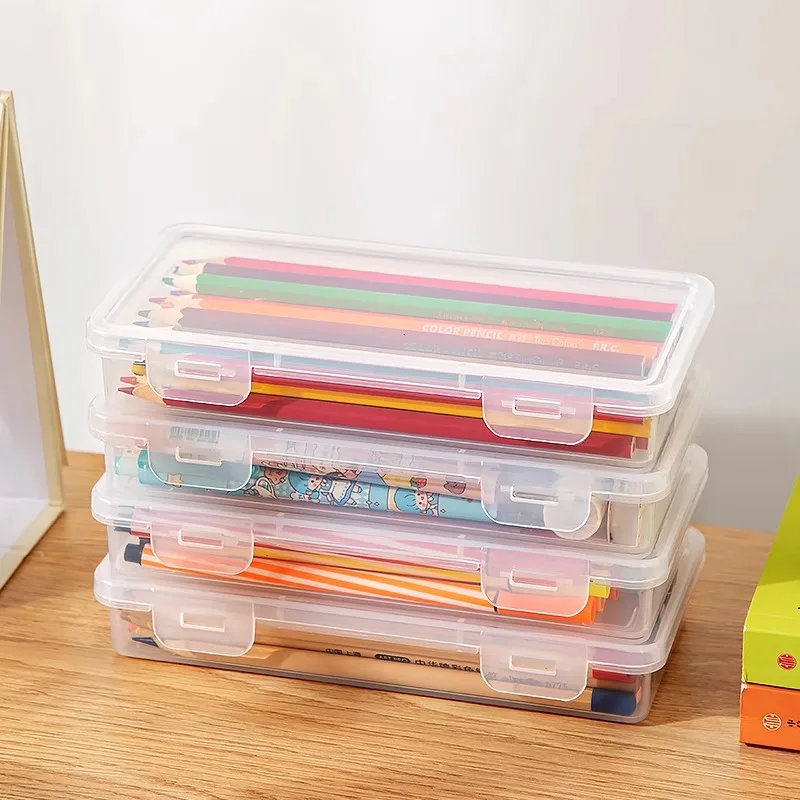 Plastic Transparent Pencil Case Stationery Box Large Capacity Stackable Design Sketch Art Student Simple Pencil Box for School