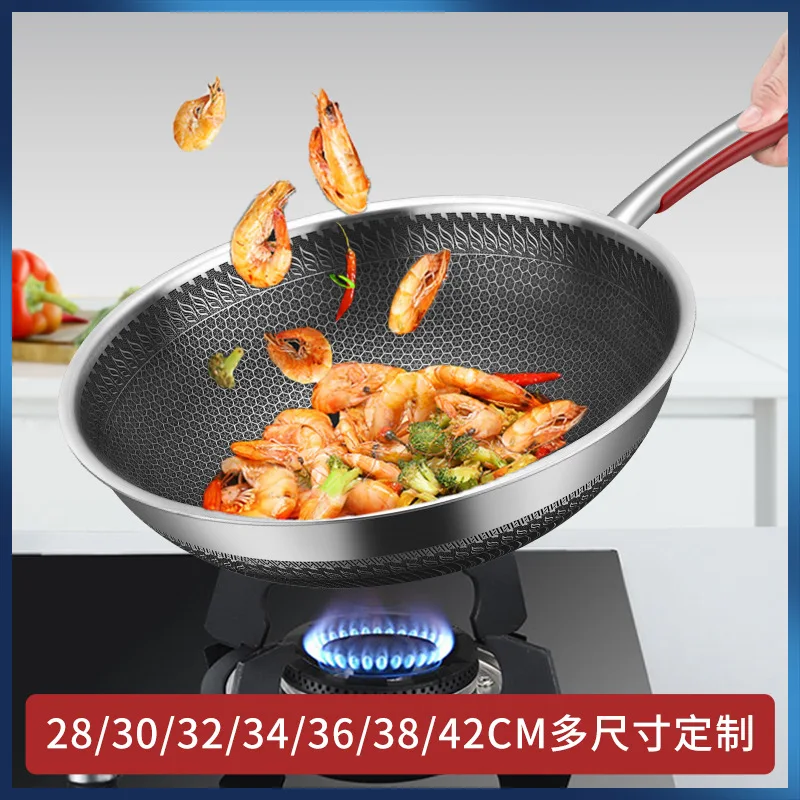 Stainless Steel Wok Honeycomb Non-Stick Pan Full Screen Uncoated Flat Bottom Frying Pan Spoon Universal for Gas Stove