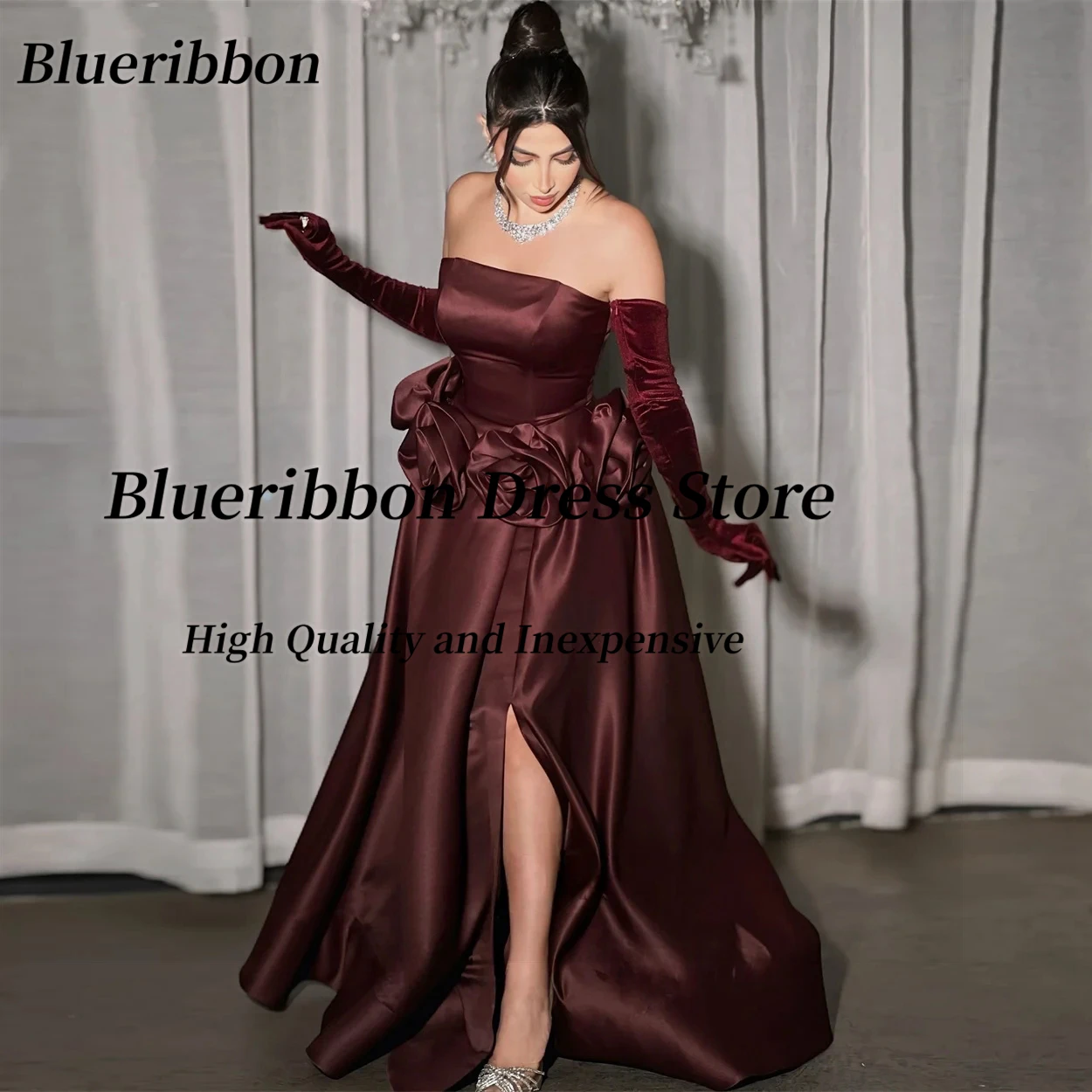 Blueribbon Saudi Women Wear Strapless Prom Dresses with Flowers Long Ruched Satin Evening Party Gowns Customized платье вечернее