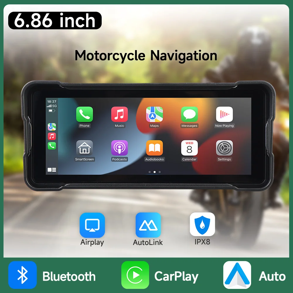 6.86 inch Motorcycle Multimedia Player GPS Navigation Wireless CarPlay Android Auto Recorder IP67 Waterproof Screen Bluetooth