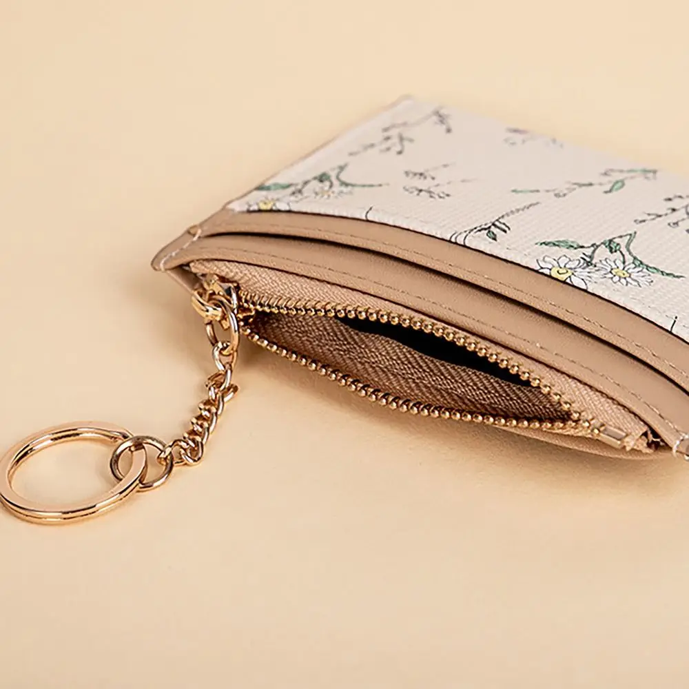 Floral Print Money Coin Purse PU Leather with Zipper Pocket Credit Card Holoder INS Style Card Wallets for Girls Students Gift