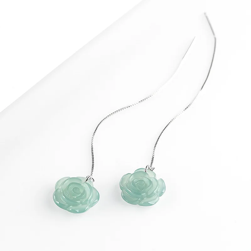 

Blue Water Jadeite Ice Type Finely Carved Rose Flower S925 Silver New Chinese-Style Filigree Long Earrings