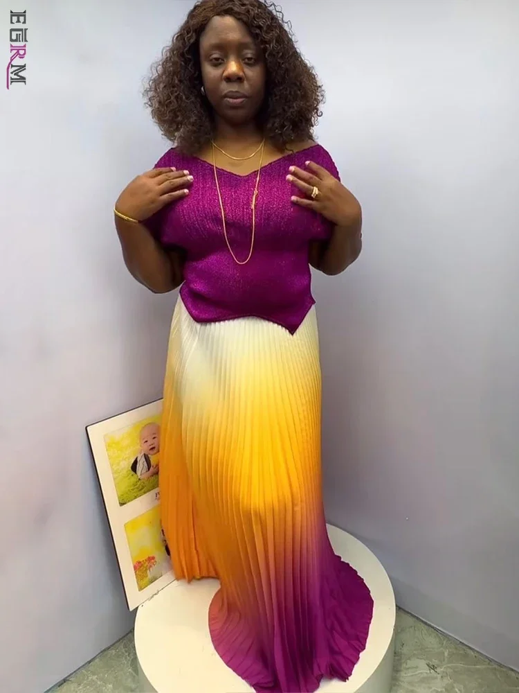 

EGRM Hot Sales 2025 New Arrivals Pleated Sets 2 Piece Skirt Women Slim Fit Half Sleeved Top and Gradient A-line Folds Long Skirt