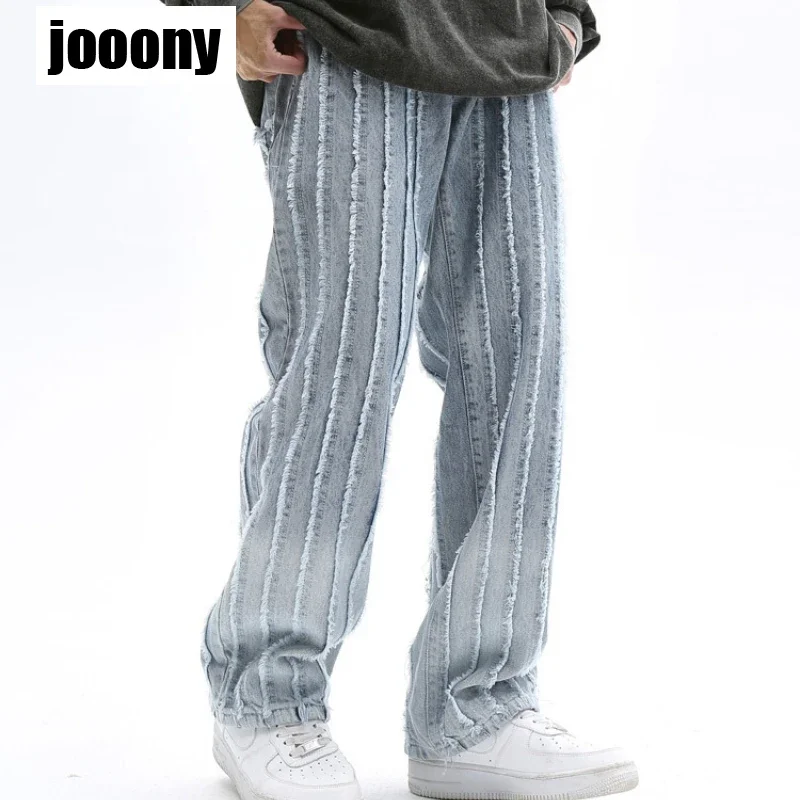 

Streetwear Striped Baggy Stacked Jeans Pants For Men Clothing Washed Design Sense Straight Loose Denim Trousers Hip hop style