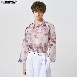 INCERUN Fashion Men Shirt Printing Mesh Transparent Lapel Long Sleeve Sexy Male Shirts 2023 Loose Streetwear Party Camisas S-5XL