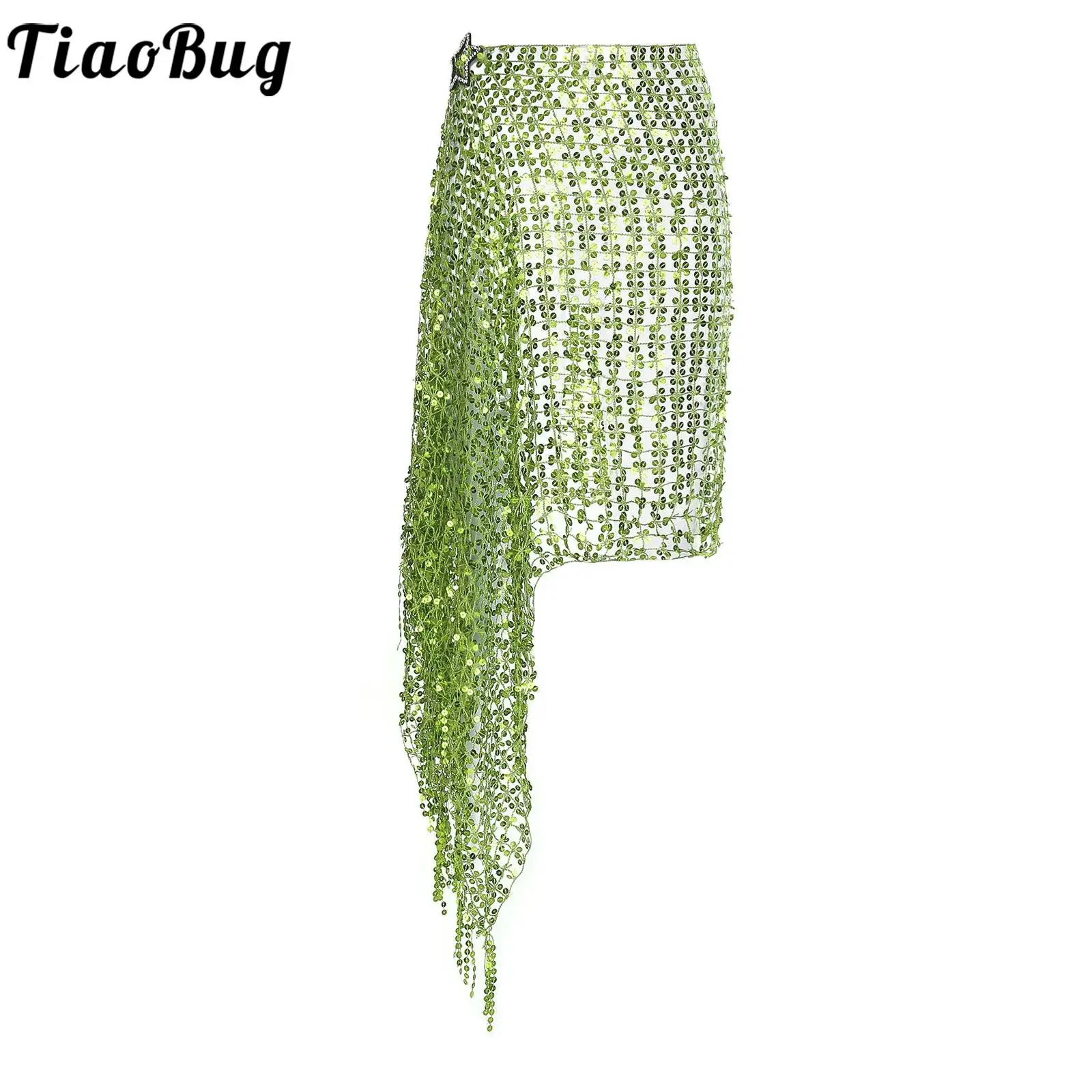 

Women Shiny Sequined Hip Skirts Scarf Star Clip Self-tied Tassel Trims Hollow Out Warp Hip Waist Chain Dance Rave Party Clubwear