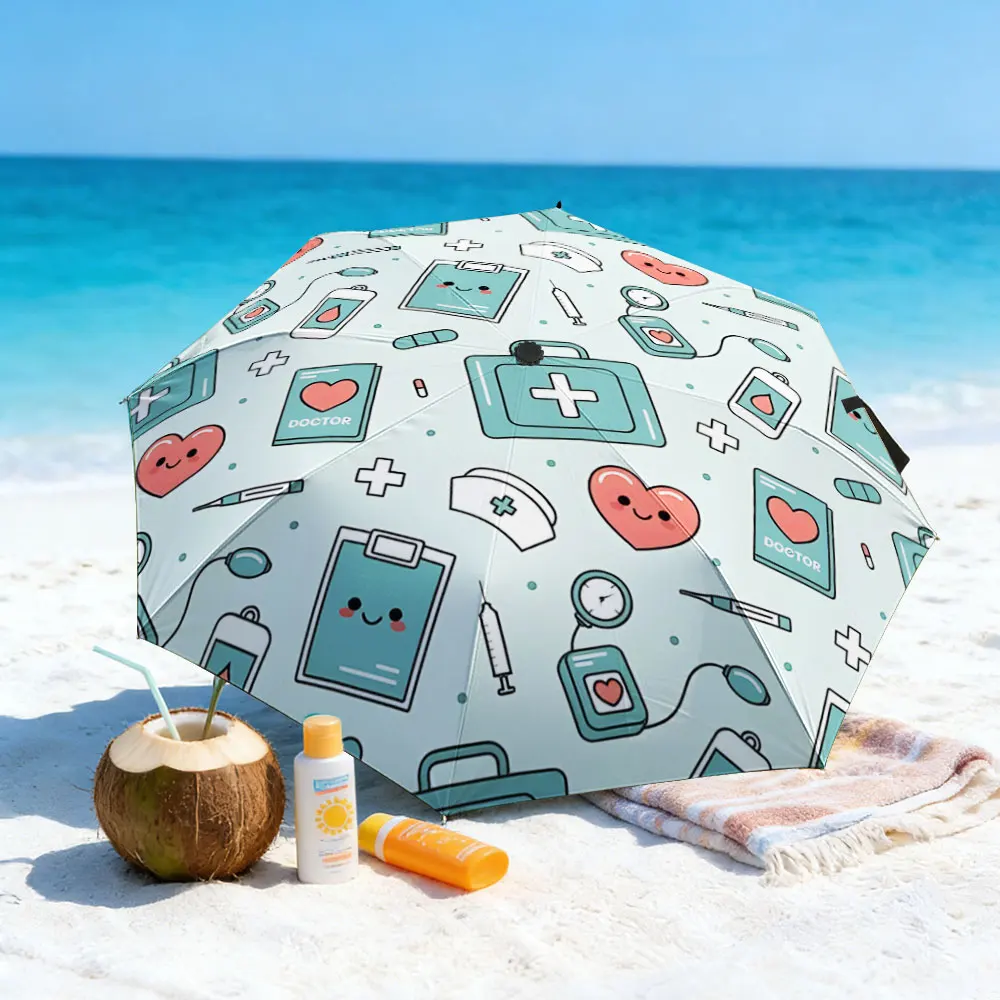 1PC Creative Umbrella with Medical Icons for Outdoor Picnics Print 8 Iron Ribs Folding Umbrella Auto-Open Fashion Sunshade