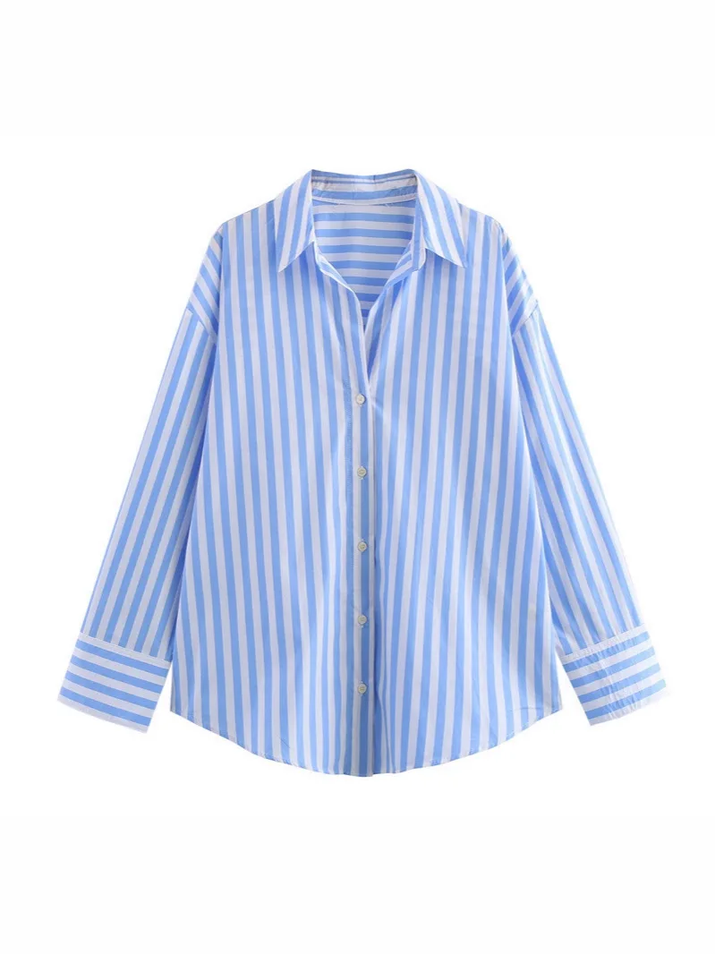 Women's Spring New Europe-American Fashion Striped Long Sleeve Lapel Loose Version Poplin Shirt Multi-Color Selection