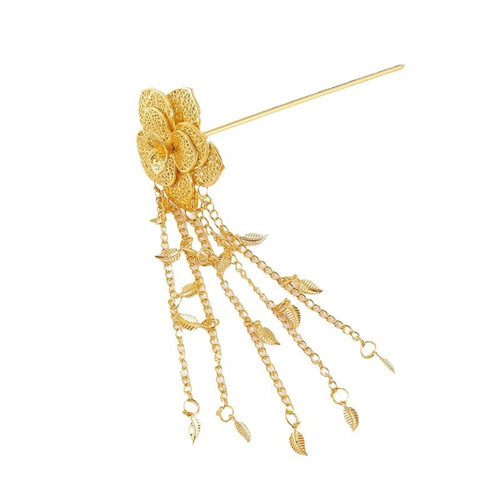 

Ancient Thai Metal Flower Hair Fork Ethnic Style Rhinestone Golden Tassels Hair Fork Lightweight Headdress