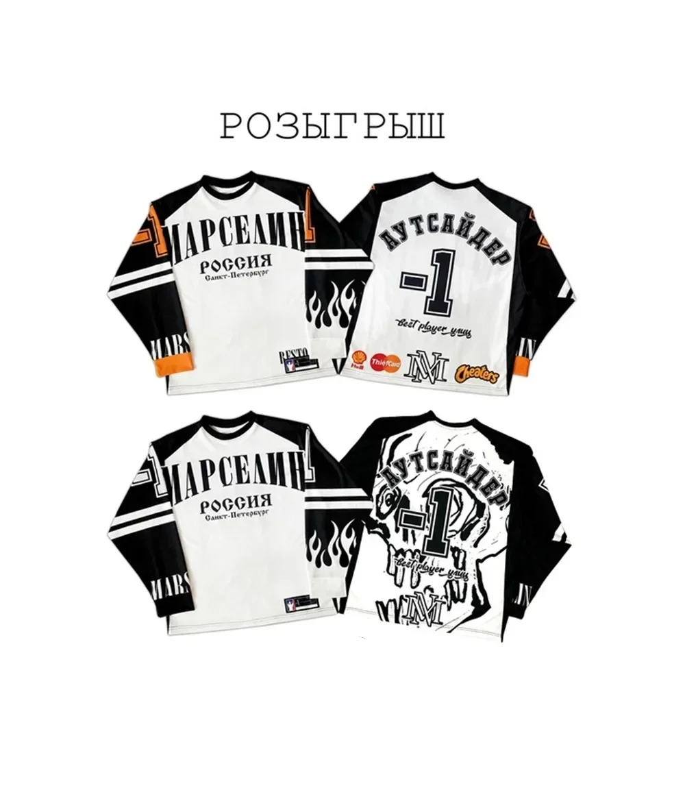 Y2K Hip-hop Sprots Long Sleeved Oversized T-shirt Men Street Wear Gothic Fashion Baseball Casual Top Retro Classic Clothing