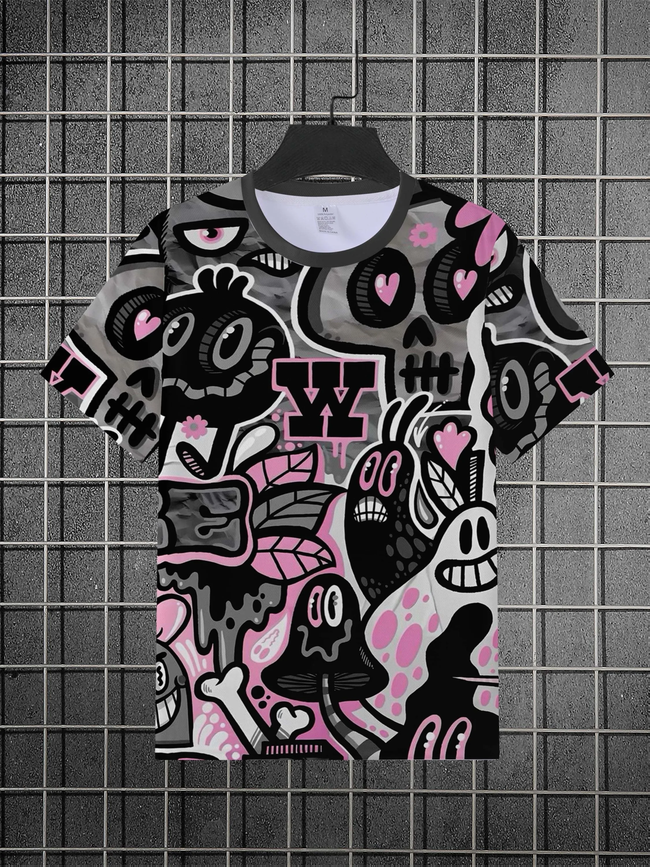Men Pink Black Grey Graffiti Skull Ghost Heart Letter W Cartoon Full Print Crew Neck Short Sleeve Tee