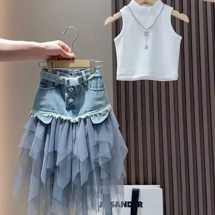 Girls' Summer New Set 2025 Korean Version Baby Girl Tank Top Mesh Splicing Cowboy Skirt Set kids jacket
