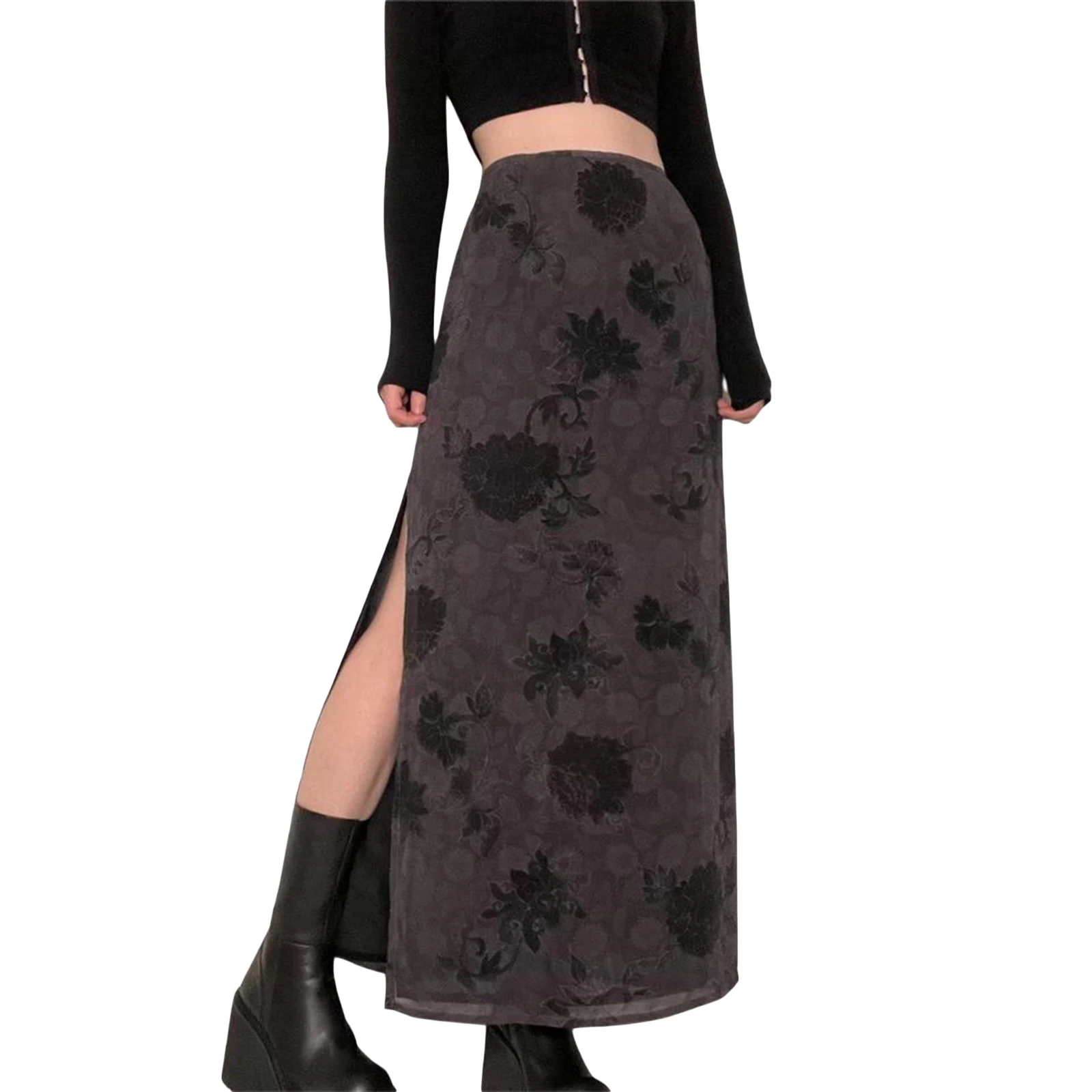 Women Gothic Grunge Y2K Skirts High Waist Floral Split Bodycon Long Skirt 2023 Summer Casual Bohemian Streetwear