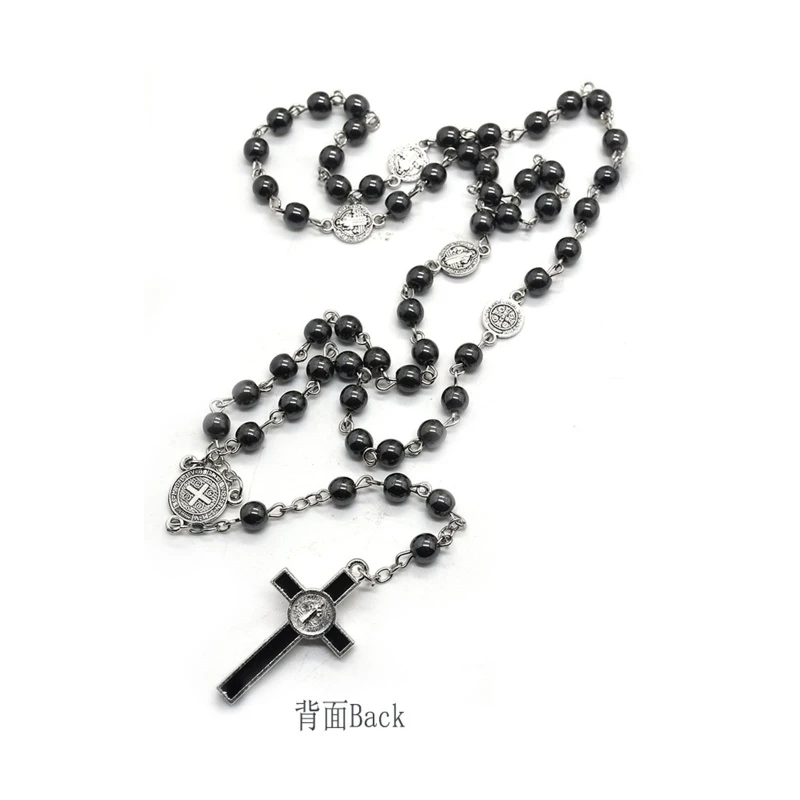 Catholic Rosary Prayer Necklace Mary Blessing Black Gallstone for Cross Pendant Necklaces Round Beads Long Chain Jewelry