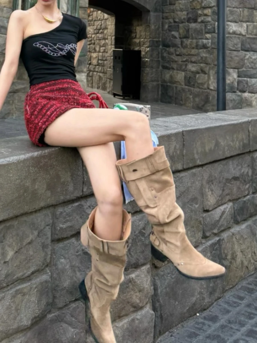 Kaki Color Long Tube Boot Thin Model Velvet Surface Travel Fashion Boots Korean Style High Top Booties for Women in Summer