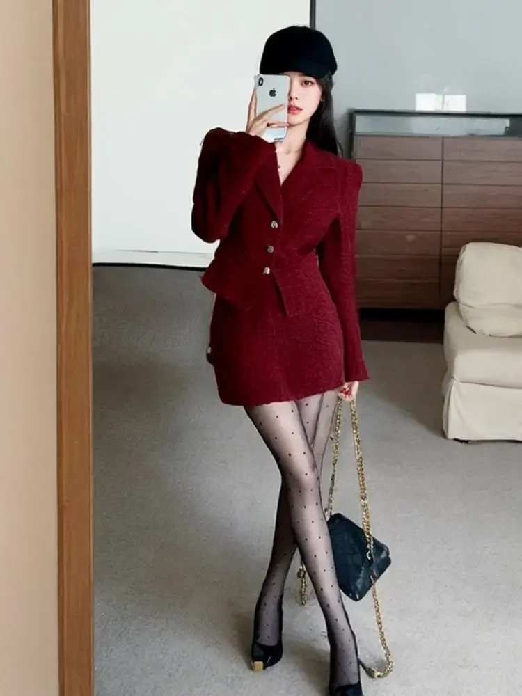 Insozkdg Winter New High-End Thick Red Suit Jacket and Skirt Set for Women Korean Fashion Slimming Christmas Outfit Lady Girl