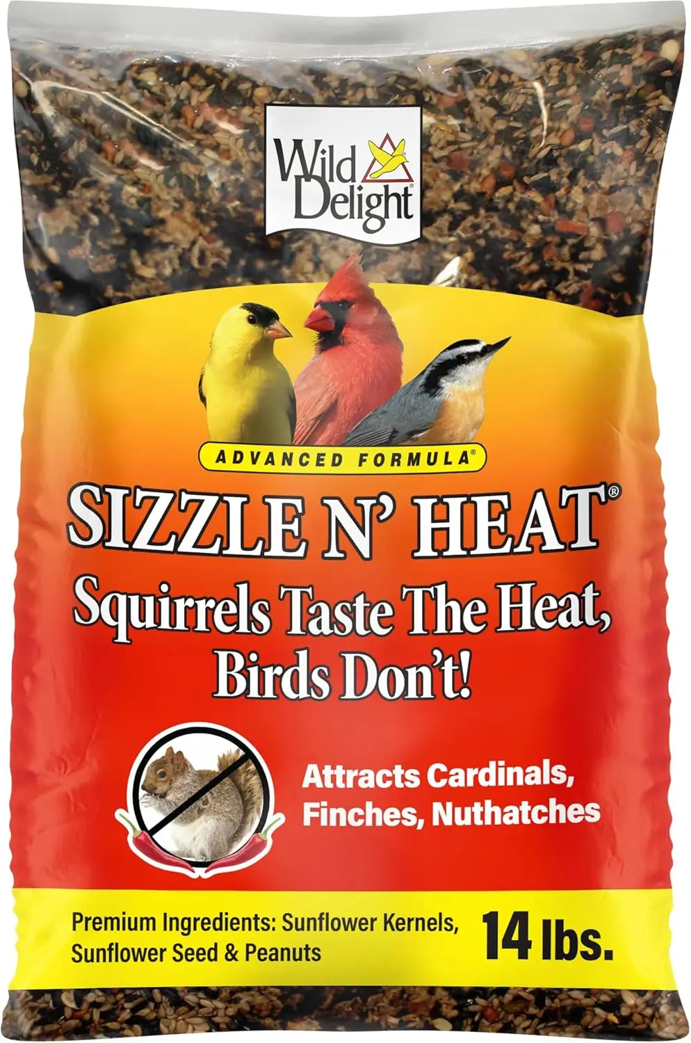 

Корм для диких птиц Delight Advanced Formula Sizzle N' Heat, острое птичье семя с острыми специями для отпугивания белок, 14 фунтов
