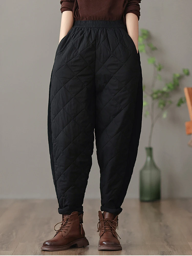 NYFS 2023 Winter New Cotton Pants Rhombic Lines Side Pockets Women Warm Thickened Padded Quilted Pants