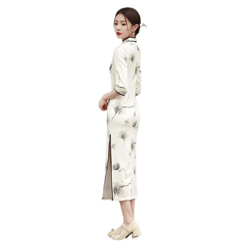 

Chinese Traditional Costume Suede Fabric Dress Dandelion Ink Printing Cheongsam Stand Collar Side Slit Slim Fit Qipao for Women