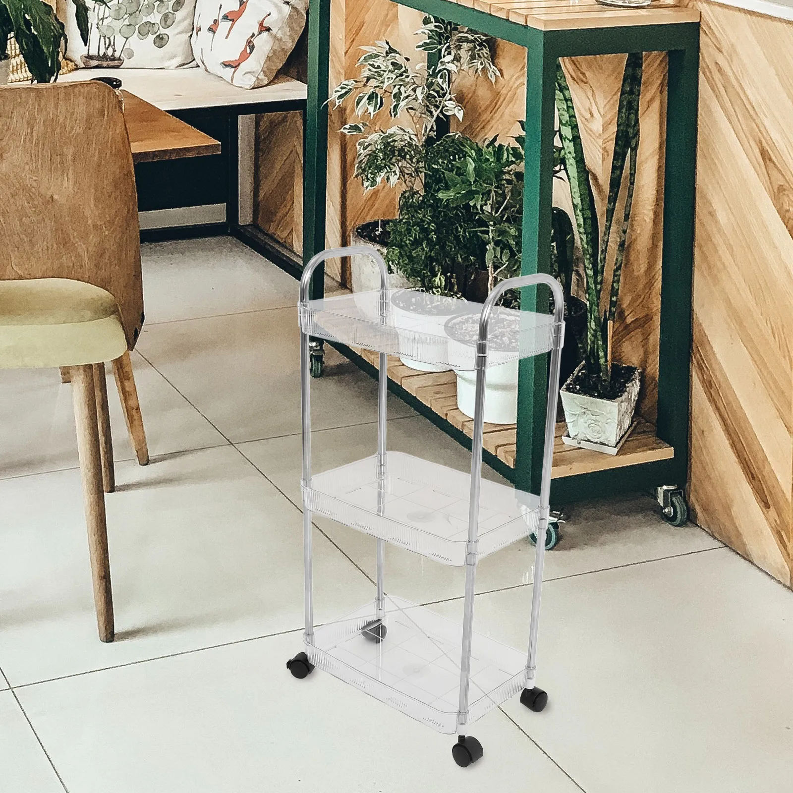 

Multi Layer Storage Rack 3 Tier Rolling Cart Movable Shelf Small Size PET Material Trolley For Bathroom Hair Salon