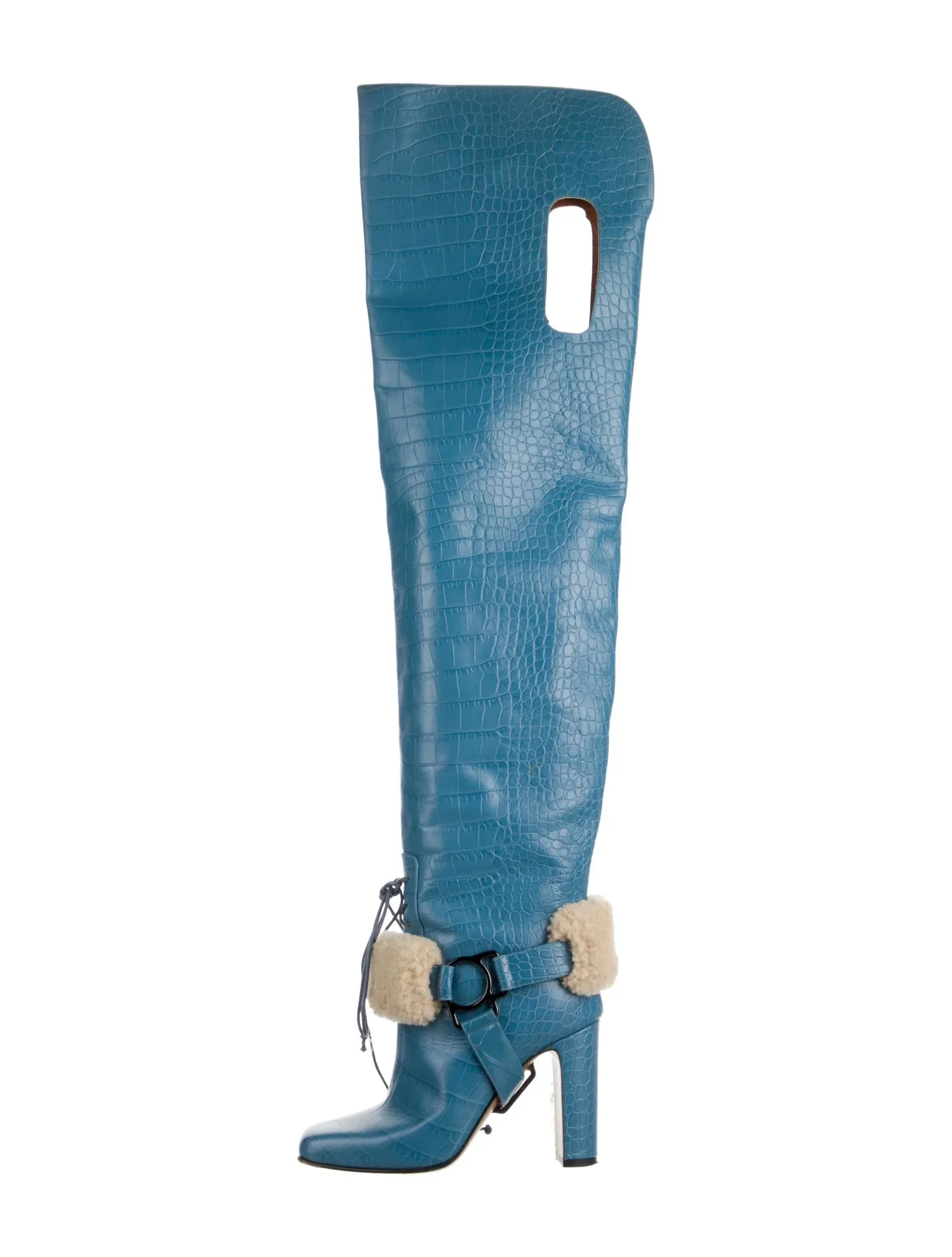 2026 Blue Block Heel Over Knee Boots Women Pointed Toe Fur Wrap-Around Straps Boots Female Hollow Out Newest Lace Up Shoes 44