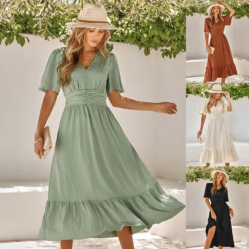 

Women's Summer New V-neck Ruffle Short Sleeve Solid Color Dress for Women 2024 Fashion Casual High Waisted Dresses Beach Style