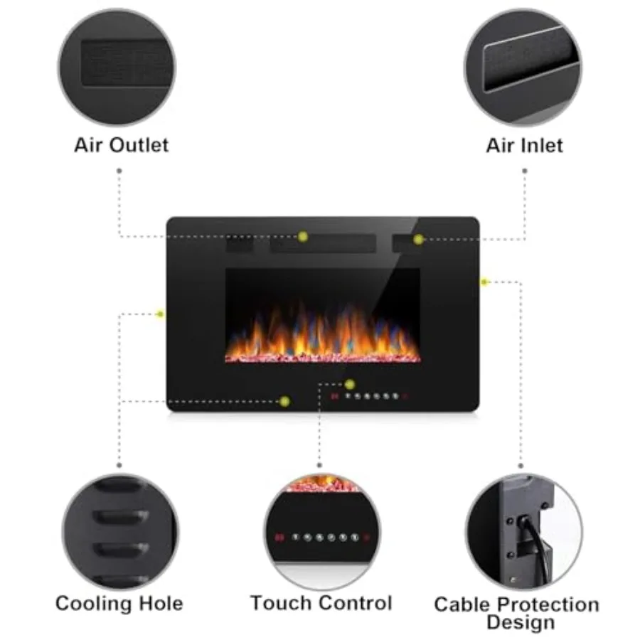 حشوات مدفأة كهربائية مقاس 30 بوصة للتركيب المثبت على الحائط والتركيب المثبت على الحائط بسعة تسخين 750/1500 وات مع شاشة تعمل باللمس #4