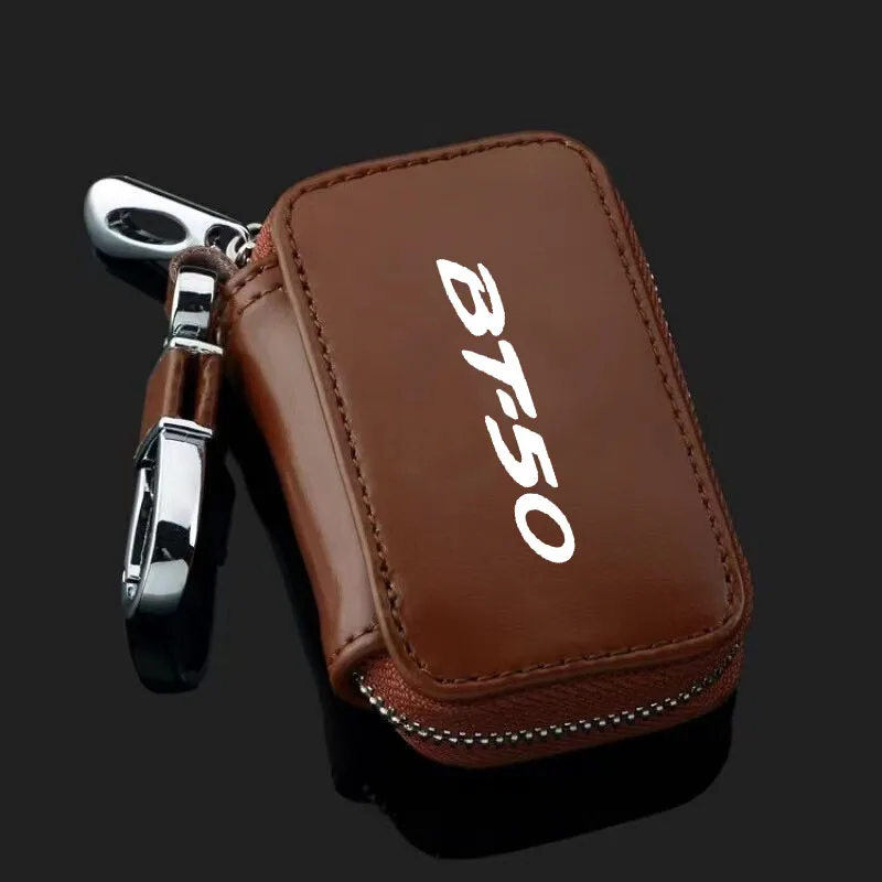 Genuine Leather Car Key Fob Case Cover Keychain Zipper Bag Protection Shell For Mazda BT50 BT-50 Emblem