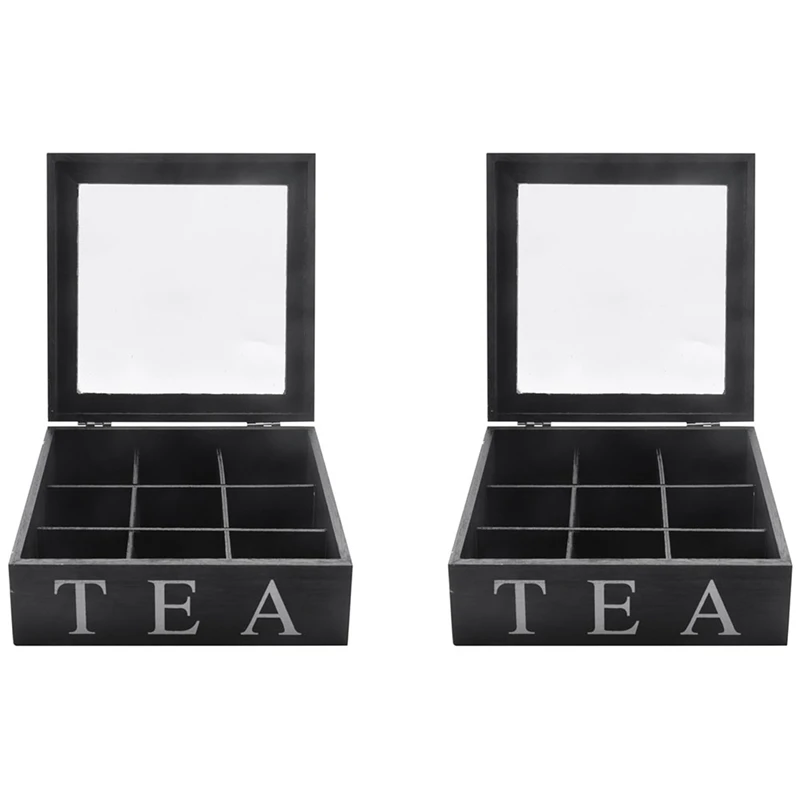 

2X Wooden 9 Grids Tea Box Tea Bags Container Storage Box Square Gift Box Case Transparent Top Lid Black