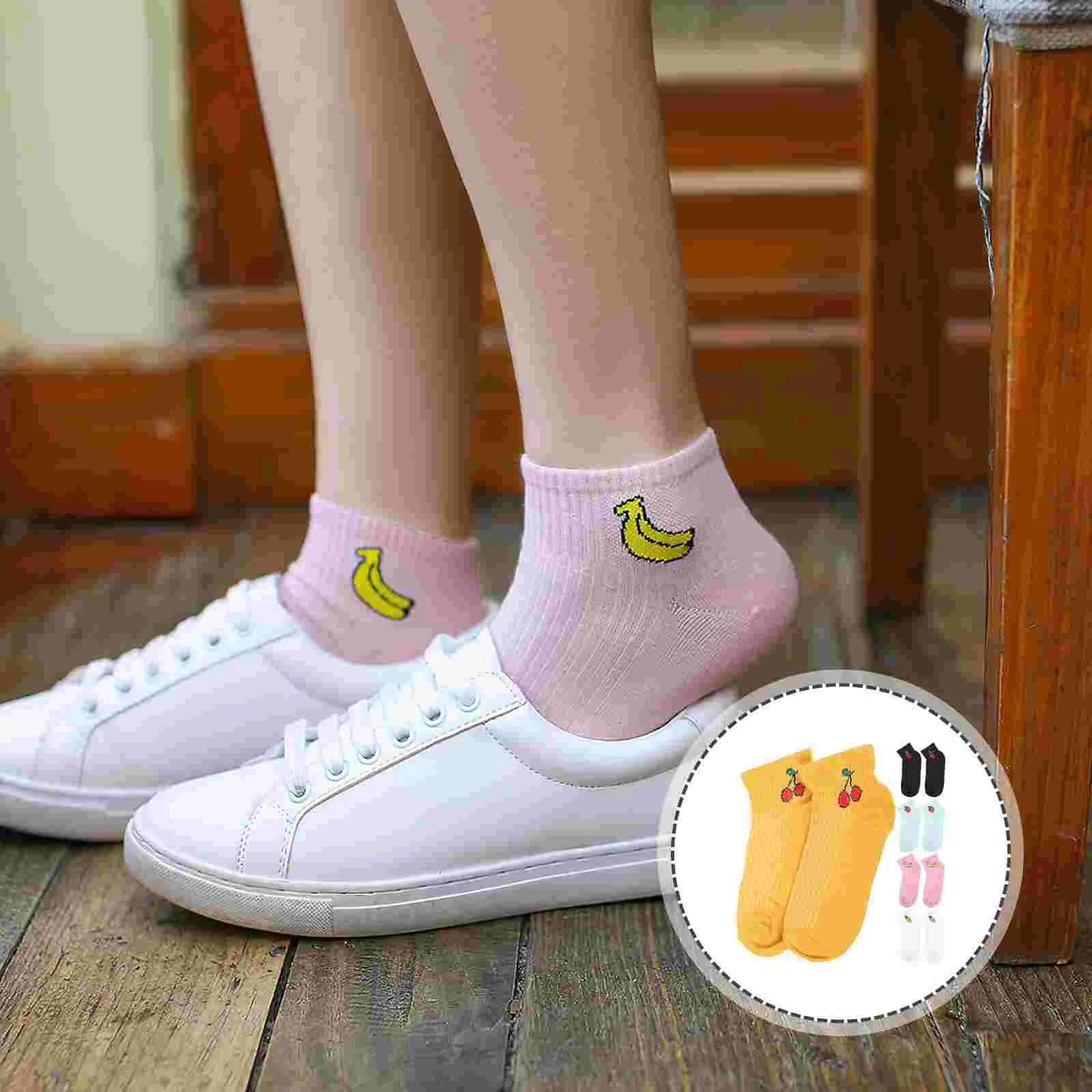 5 Pairs Cotton Socks Printed Women Ankle Socks Fashion Fruit Pattern Novelty Socks (2) Women socks cotton socks for women