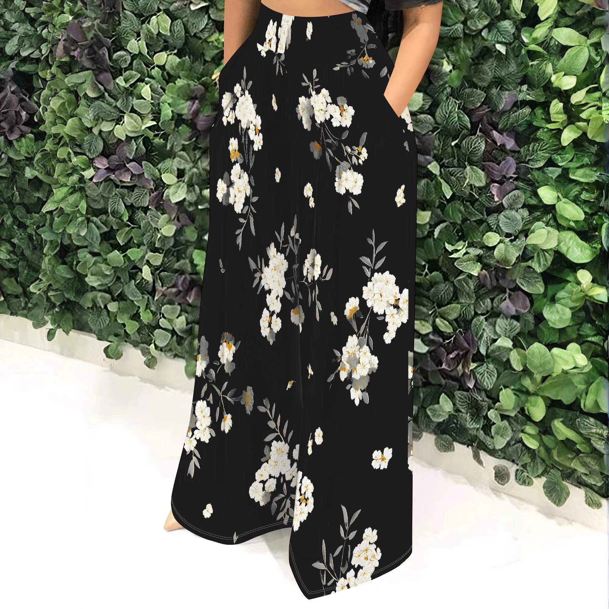 Floral Wide Leg Pants, High Waist Trousers, Pocket Casual Bottoms, Loose Fit Beachwear for Women, S-2XL