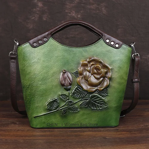 Bolso de hombro hecho a mano con relieve para mujer, bolsos de piel auténtica, bolsos de diseñador de lujo con flores para mujer, novedad de 2025