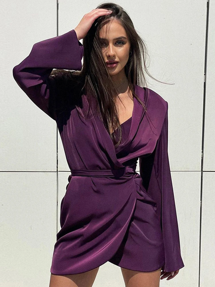 Jo\'s Magia Box Y2K Satin Long Sleeve Bandage Summer Dresses Woman 2022 Solid Shoulder Pads Casual Party Elegant Woman Mini Dress