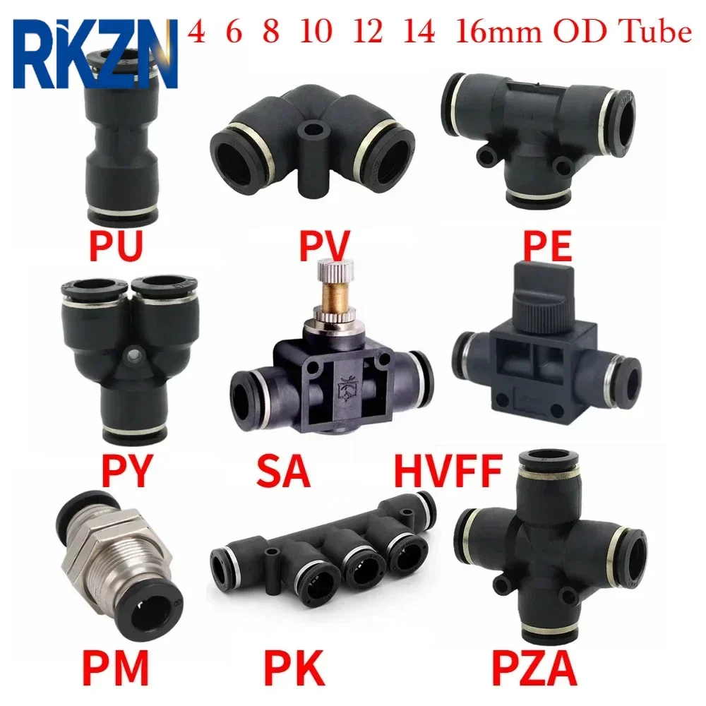 PU PY PK PE PV SA HVFF PZA PM Pneumatic Air Fittings, Straight Elbow Push To Connect Quick Release, 4 6 8 10 12 14 16mm OD Tube