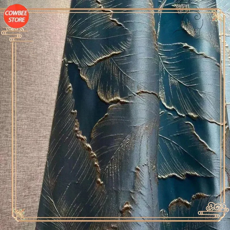 

French Pastoral Embossed High-precision Gold Jacquard Curtains for Living Room Bedroom Dining Leaves Blue Blackout Window Decor