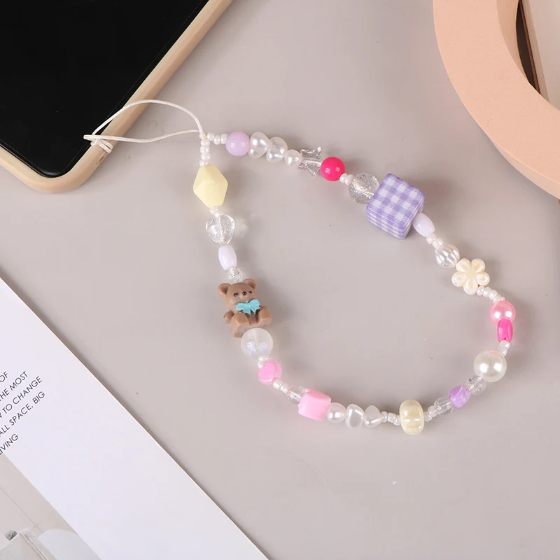 Y2K Bear Beaded Phone Lanyard Kawaii Sweet Girls Mobile Phone Chain Wrist Strap Cute Cell Phone Charm Accessories