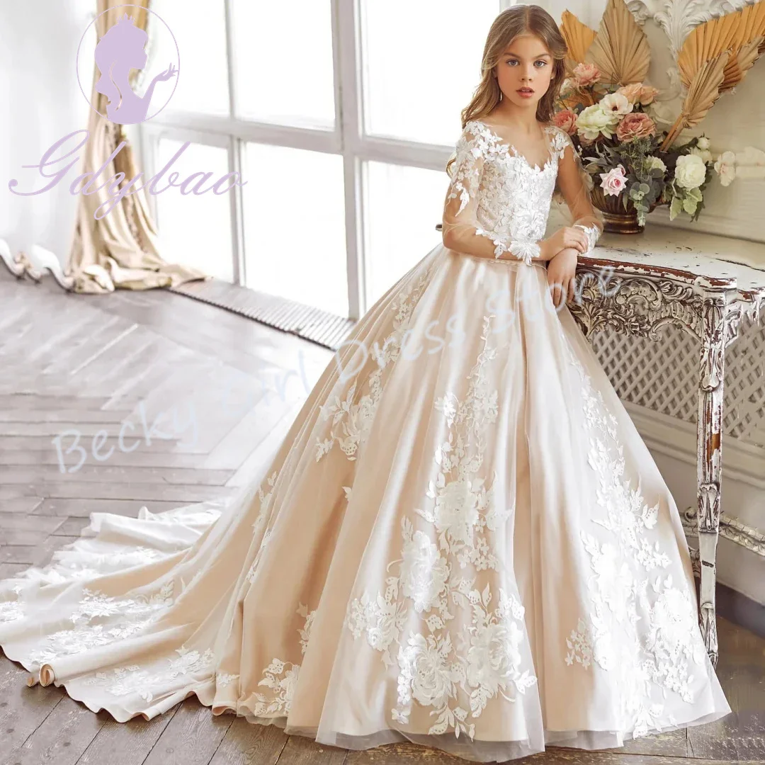 Индивидуальные платья цвета слоновой кости для девочек-цветочниц на свадьбу, атласные аппликации длиной до пола, платье Quinceanera для первого причастия, выпускного вечера