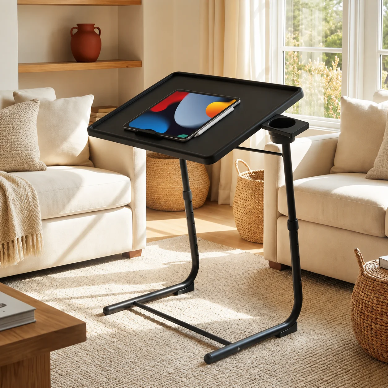 Adjustable TV Tray Table, Foldable TV Dinner Tray with 6 Height & 3 Tilt Adjustments, Portable Laptop Bed Table with Cup Holder,1Pack/2Packs