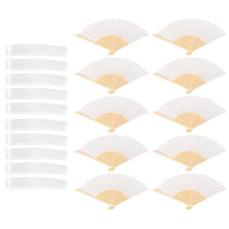NEW-10X Fan In White Silk Fabric + Bamboo With Gift Bag In Muslin For Wedding Personalized Dancing Writing Painting