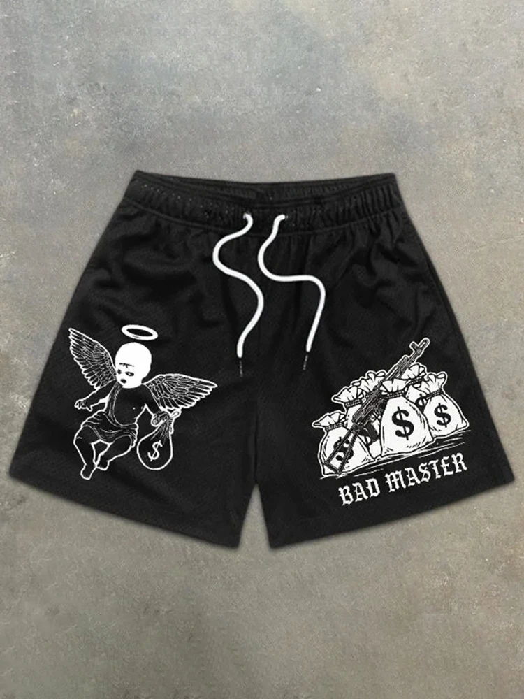 Summer Fashion Loose Retro Angel Dollar Print Drawstring Shorts Casual Street Breathable Training Fitness Running Shorts Moto