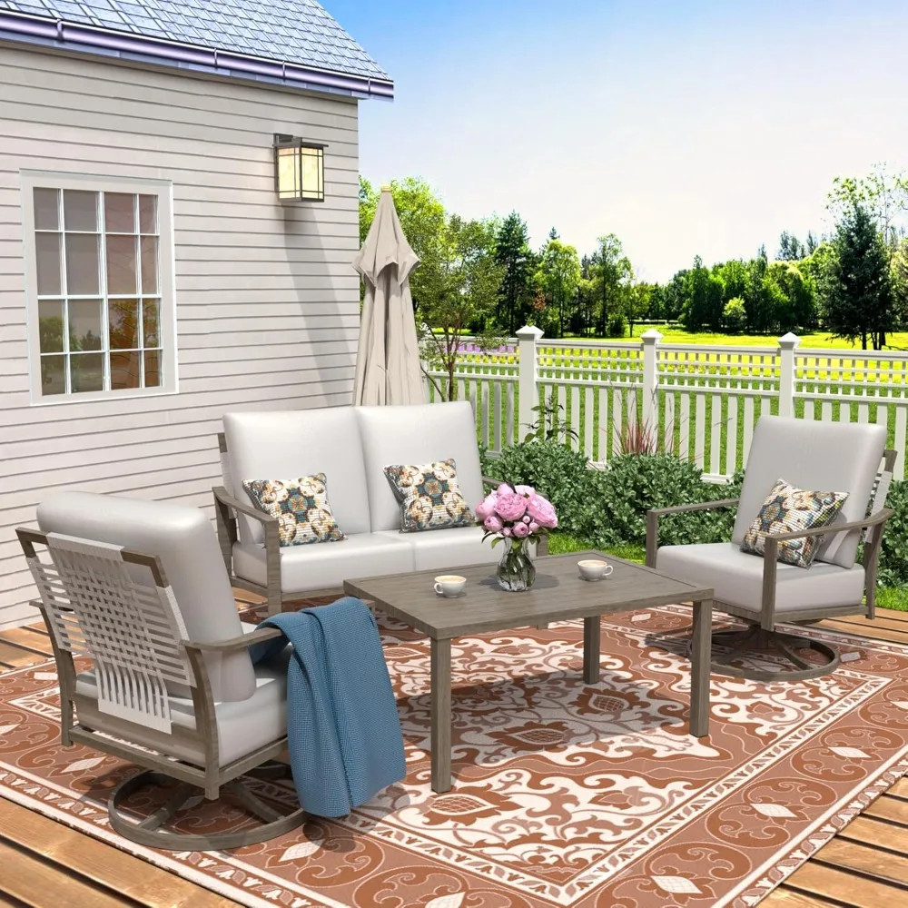 

4-piece Terrace Furniture Set, Modern Metal Outdoor Dialogue Set, with High Back All Day Hand Woven Rope Swinging and Rotating