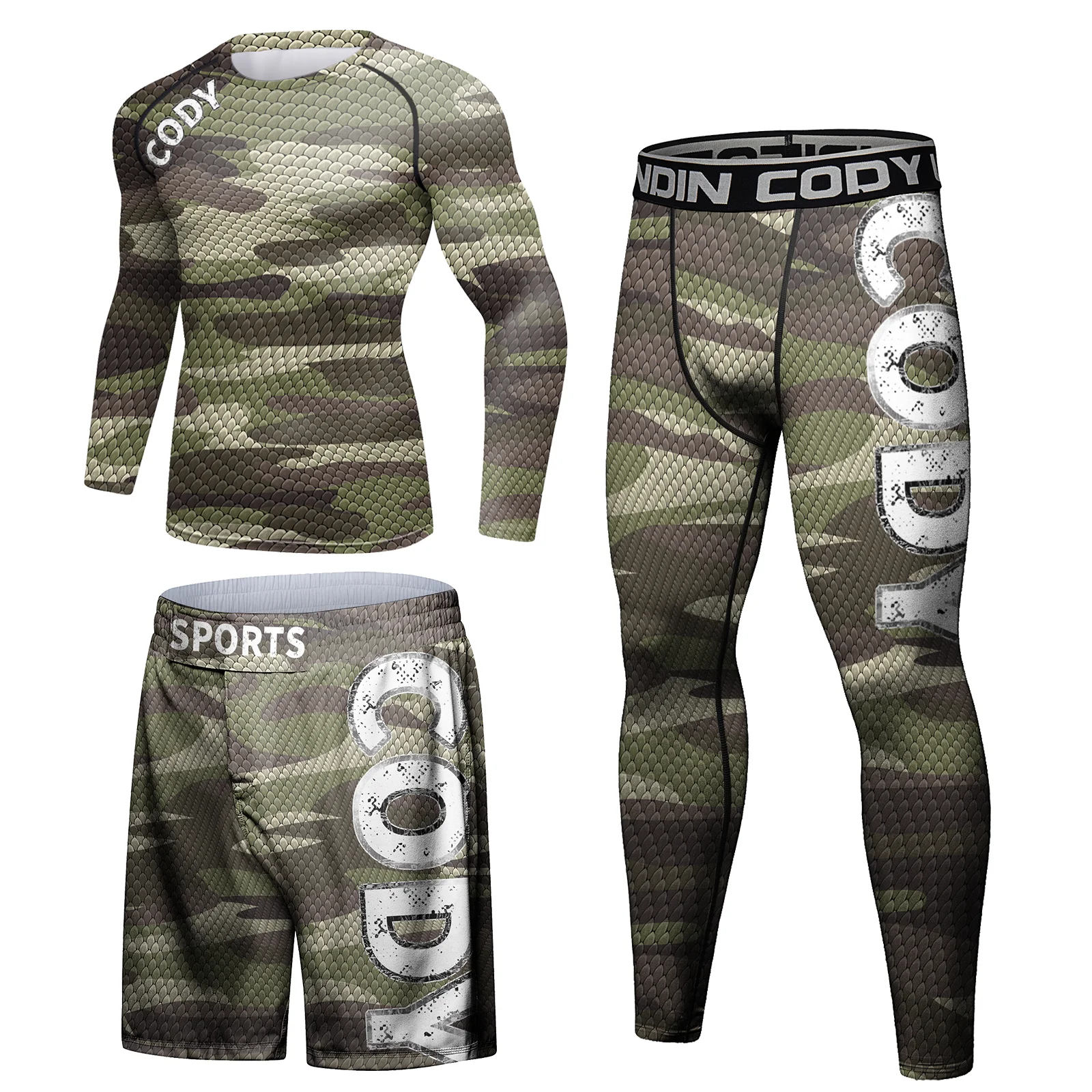 Cody Lundin 3 in 1 Men Sports Clothes Set Compression Green Tracksuit MMA Jiu Jitsu BJJ Rashguard Shirt+Pants