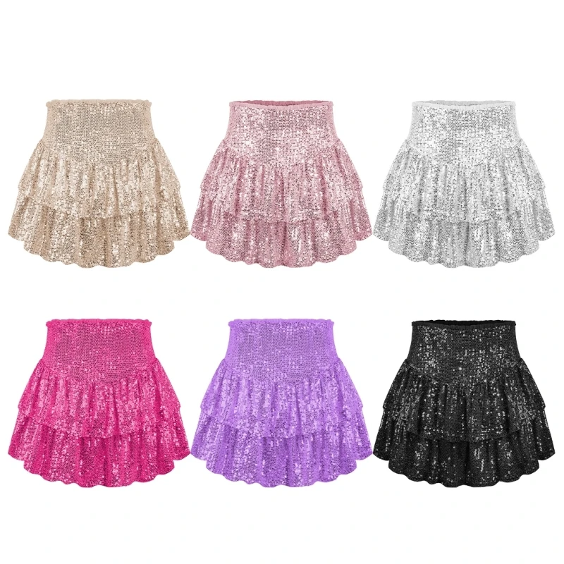 

Sparkling Sequined Night Out Party A Line Short Skirt for Women High Waist Tiered Ruffle Flowy Mini Skirts with Shorts