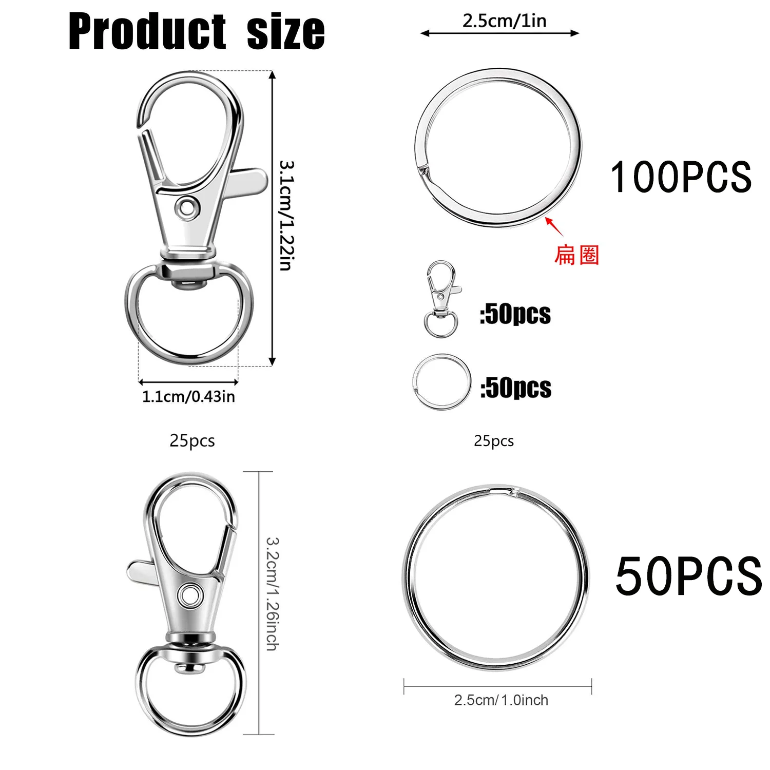 50/100/150PCS Keychain Hooks with Key Rings,.Metal Swivel Lobster Claw Clasps, for Keychain Clip Lanyard, Jewelry Making, Crafts
