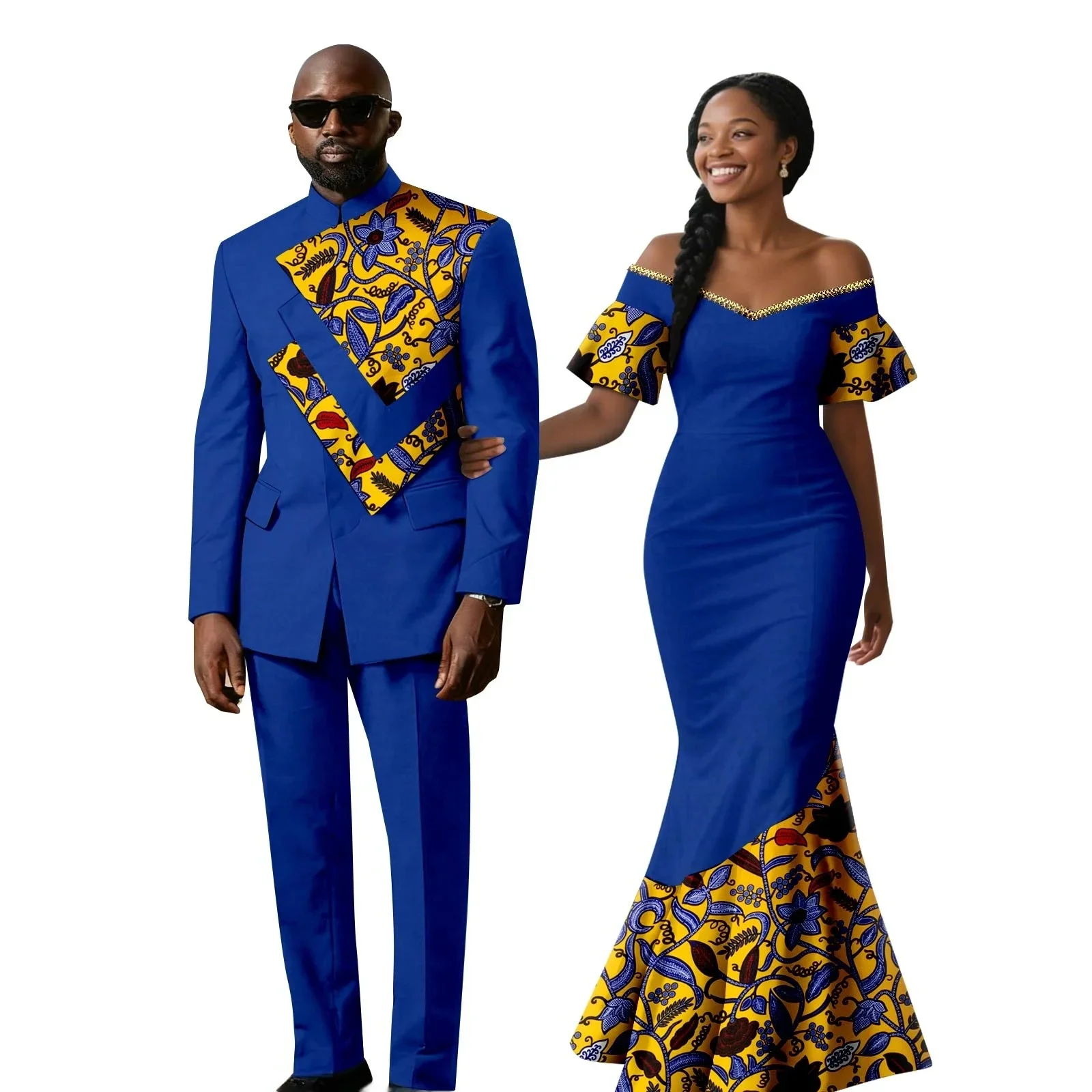 African Beading Print Mermaid Dress for Women And Dashiki Formal Men Outfit Set Matching Couple Top Jacket And Pant Sets