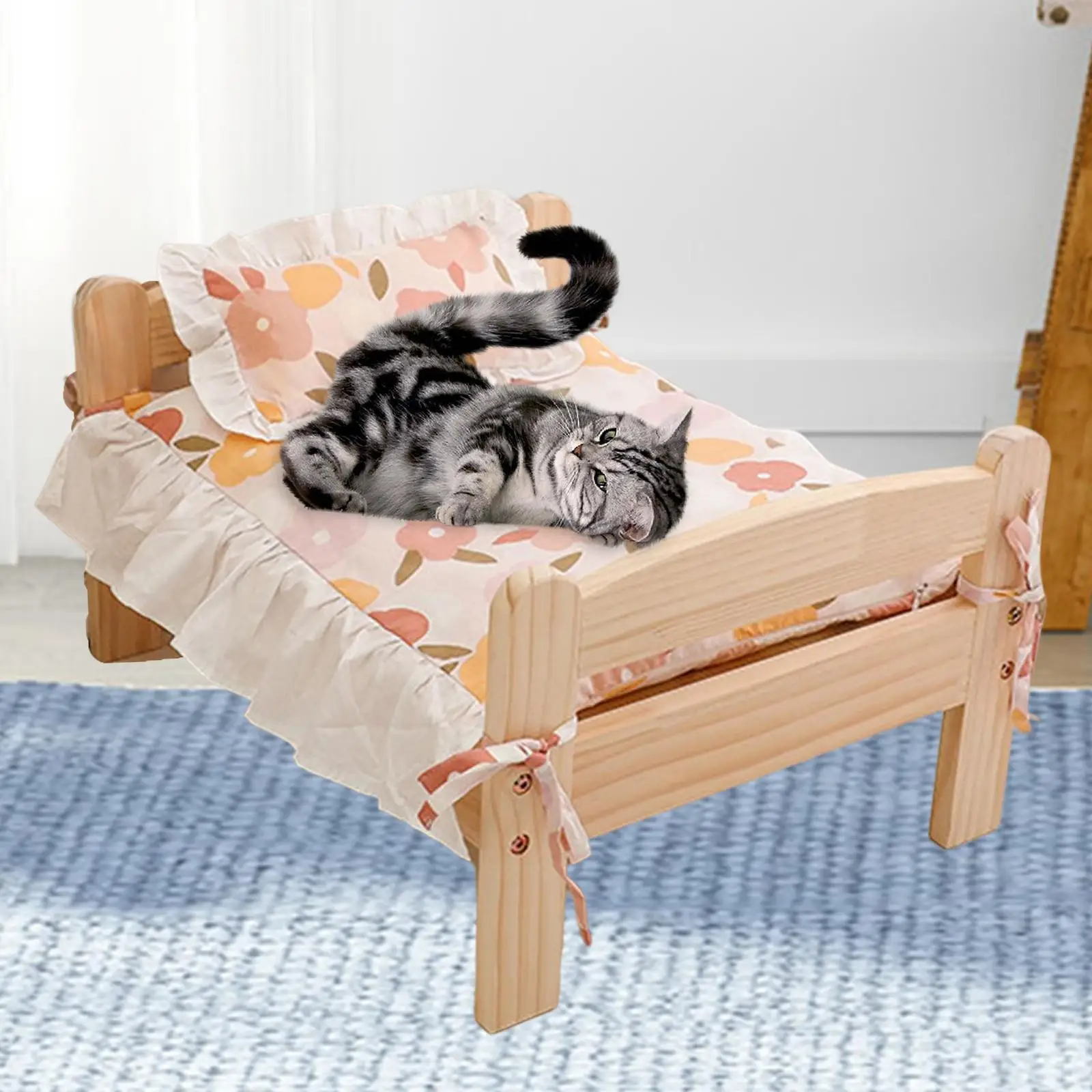 Pet Cat Bed, Small Dog Bed Wooden Puppy Kennel Winter Kitten