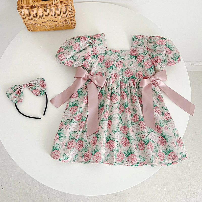 Korean Style Baby Girls Floral Romper+Hair 2pcs Band Kids Girls Short Sleeves Dress Child Baby Girls Summer Sister Clothing