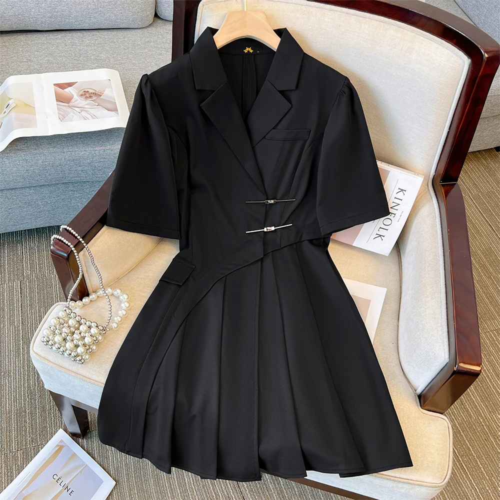 

Summer Plus Size Women's Fashion Suit Collar Pleated Dress Loose Commuter Career Short Skirt Simple Black Ladies Party Dresses