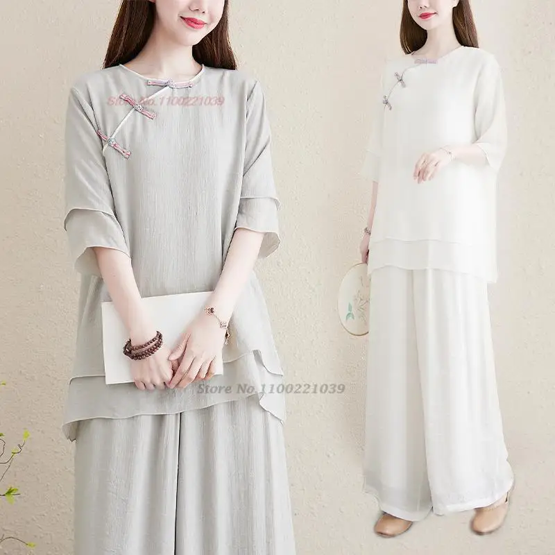 

2024 traditional chinese vintage zen suit yoga set improved hanfu retro tea service hanfu national cotton linen blouse+pants set